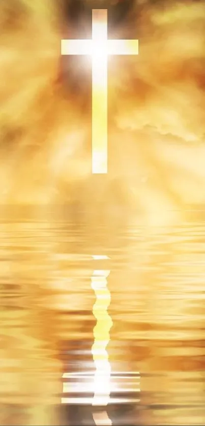 Glowing cross reflected in calm waters, under a golden sky.