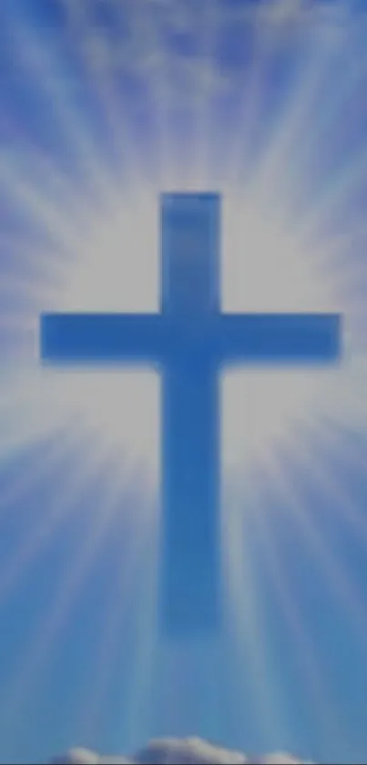 Radiant cross in a blue sky with clouds and light beams.