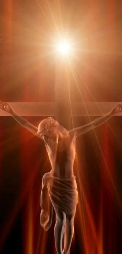 Radiant cross with glowing light on a warm dark background.