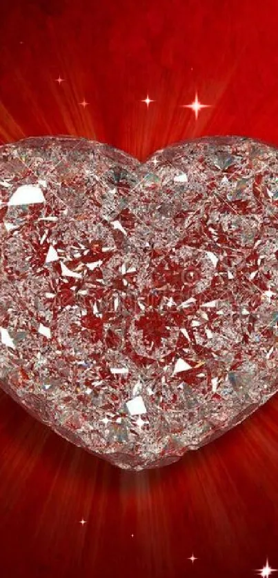 Radiant crystal heart on vibrant red background.