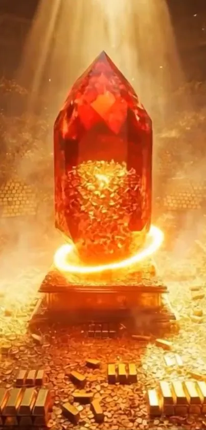Radiant red crystal with golden glow in a mystical setting.