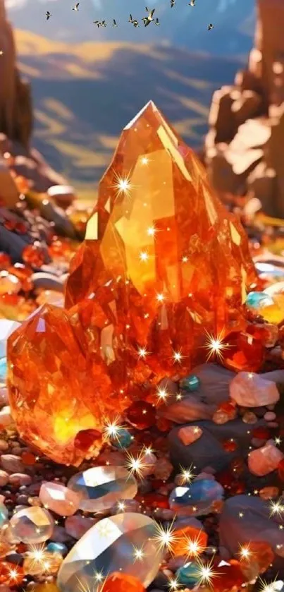 Orange crystals in mountain landscape wallpaper.