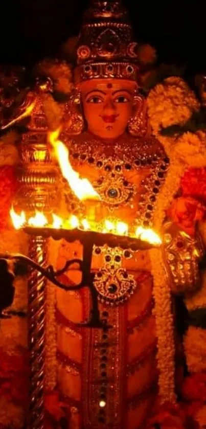 A radiant, adorned deity in vibrant orange light.