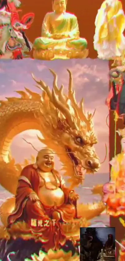 Golden dragon with deities in vivid spiritual art.