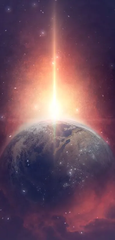 Vivid earth and sunrise in space with cosmic glow.