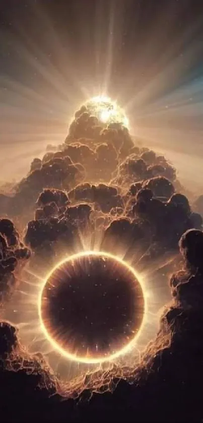 Radiant eclipse illuminating clouds in a captivating cosmic scene.