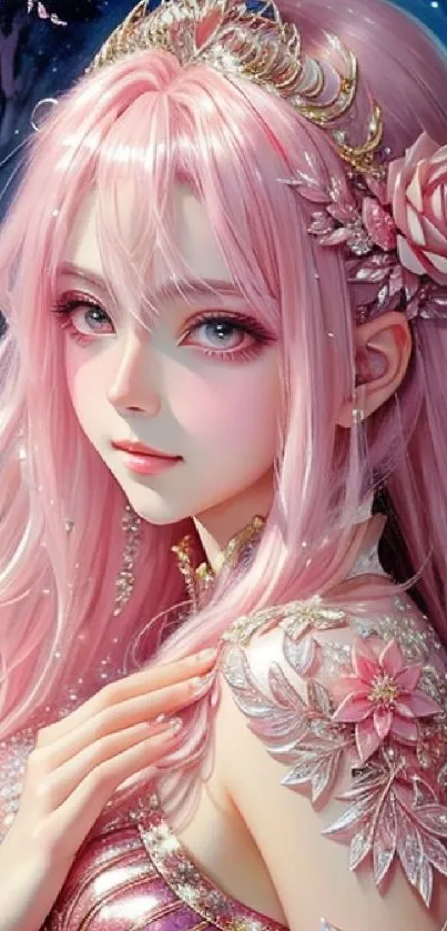 Fantasy princess with pink hair and floral crown.