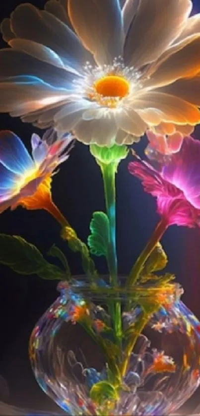 Radiant neon flowers in a glass vase with vibrant hues.