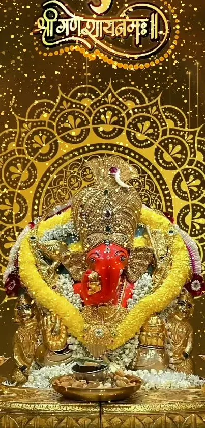 Radiant golden Ganesha idol adorned with intricate designs.