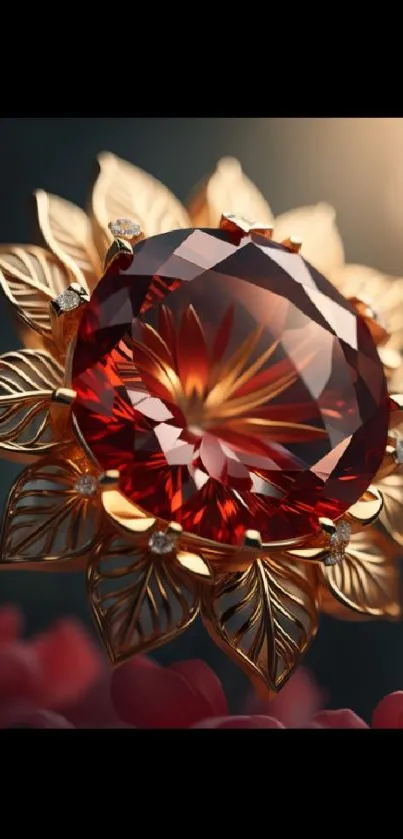 Gemstone flower with golden leaves and vibrant red hues.