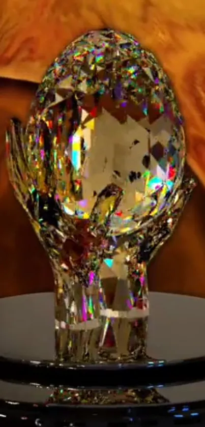 Radiant gemstone sculpture on display with colorful reflections.