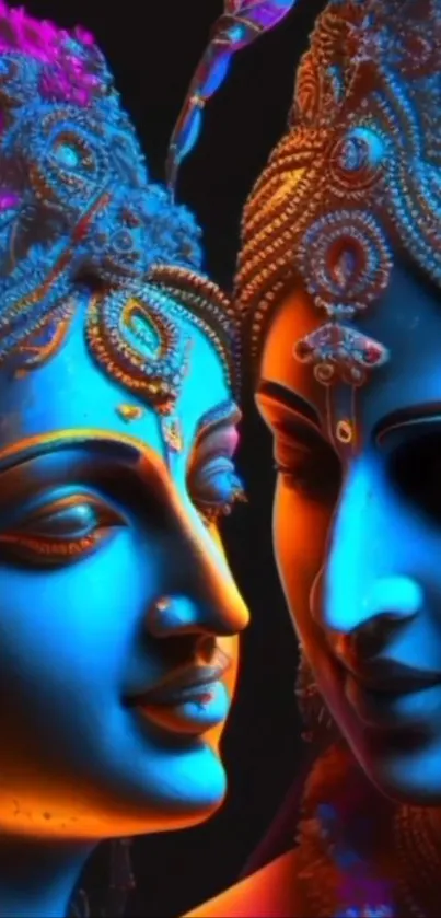 Radiant blue and orange divine faces on a vibrant mobile wallpaper.