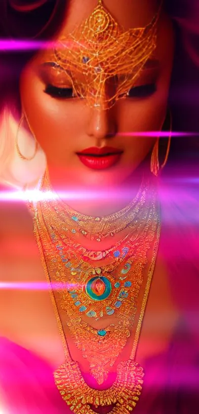 A glamorous figure with gold jewelry and vibrant magenta hues.