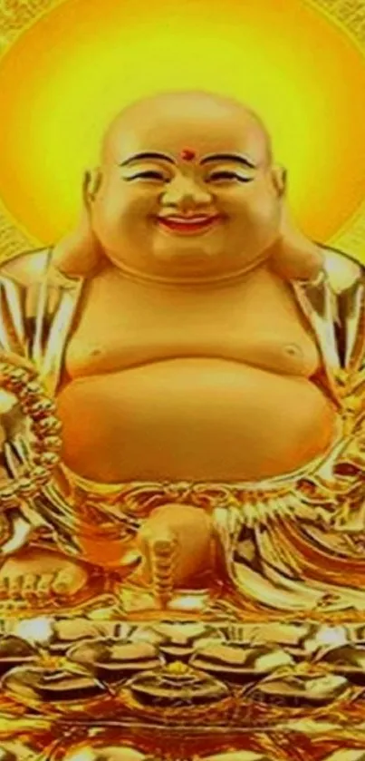 Radiant gold Buddha statue mobile wallpaper.