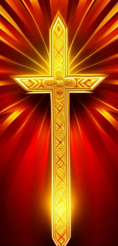 Radiant golden cross with vibrant red backdrop on mobile wallpaper.