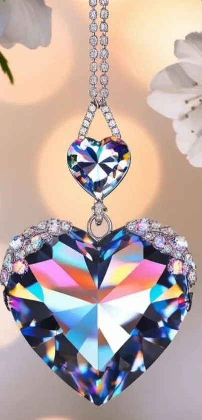 Heart-shaped crystal pendant necklace with floral background.