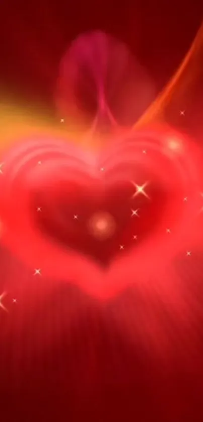 A radiant heart glow with sparkles on a red background.