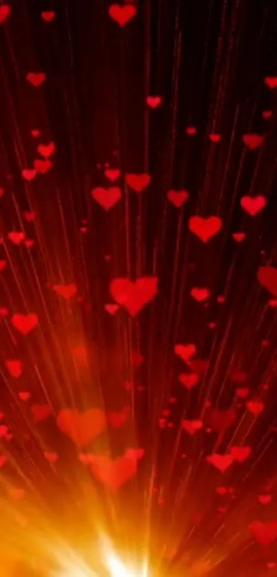 Radiant red hearts on a glowing background