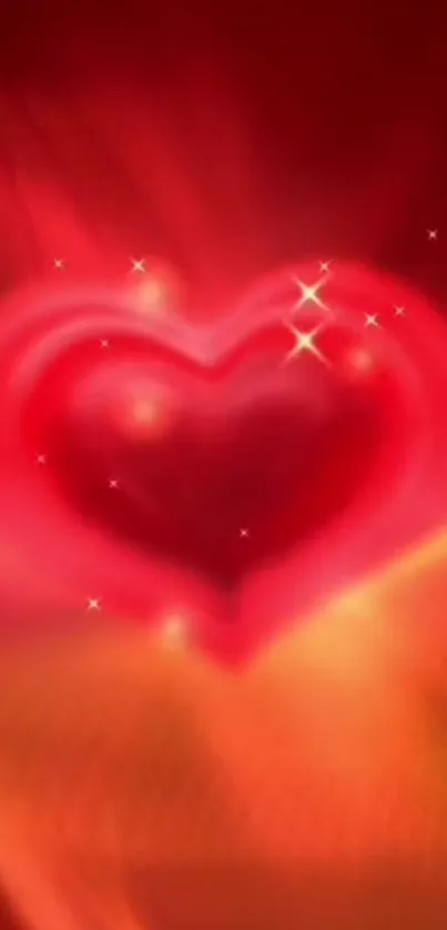 Radiant red heart with sparkling stars on warm background.