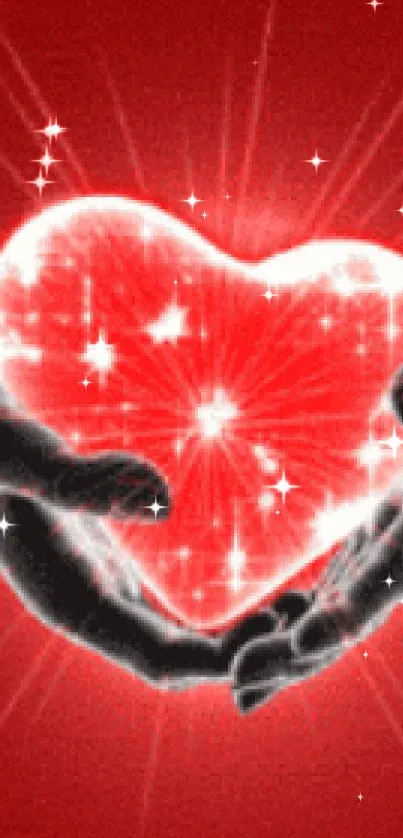 Radiant red heart held by hands in a glowing design.