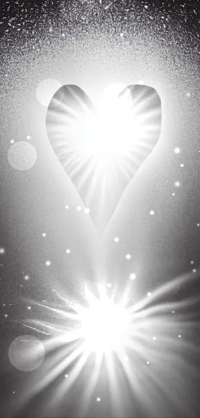 Monochrome heart with radiant beams in a mobile wallpaper design.