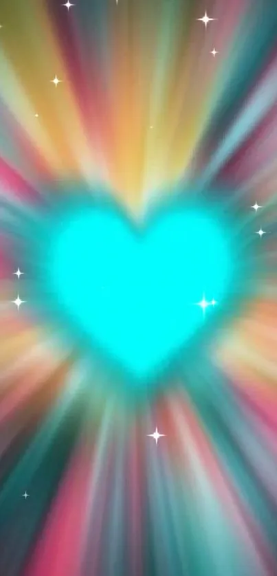 Colorful heart wallpaper with radiant turquoise center and multicolored rays.