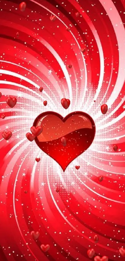 Red heart with swirling white rays on a vibrant red background.