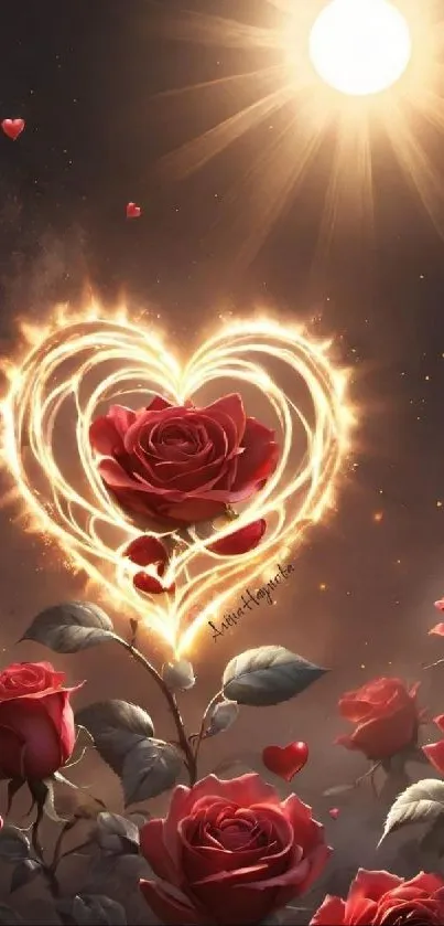 Mobile wallpaper with glowing heart-shaped roses under a radiant sun.