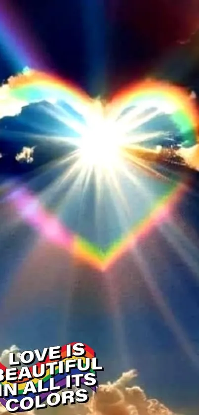 Heart-shaped rainbow in a bright sky with clouds and sunbeams.