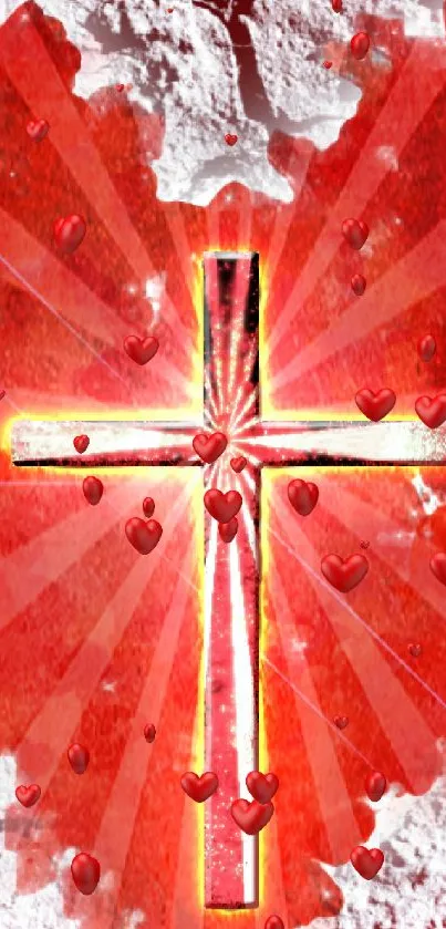 Radiant red heart with cross on crackled texture.