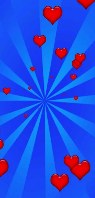 Vibrant red hearts on a radiant blue background wallpaper.