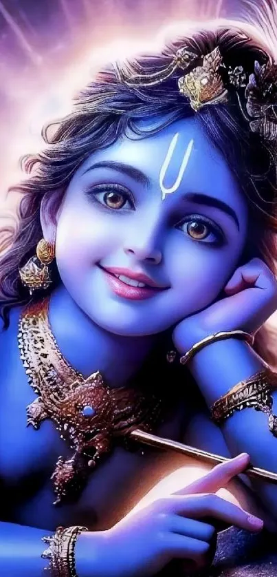 Radiant depiction of Lord Krishna with vibrant blue hues.