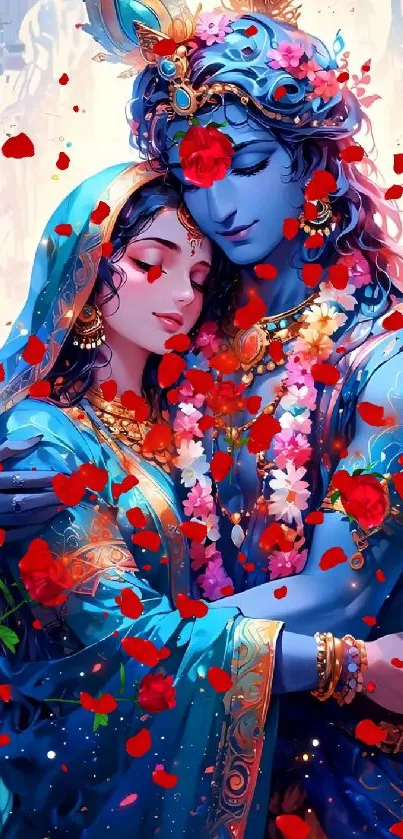 Divine lovers in vibrant blue embrace surrounded by red petals and floral garlands.