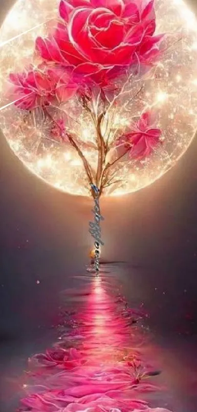Enchanting floral fantasy with moonlit pink blossoms.