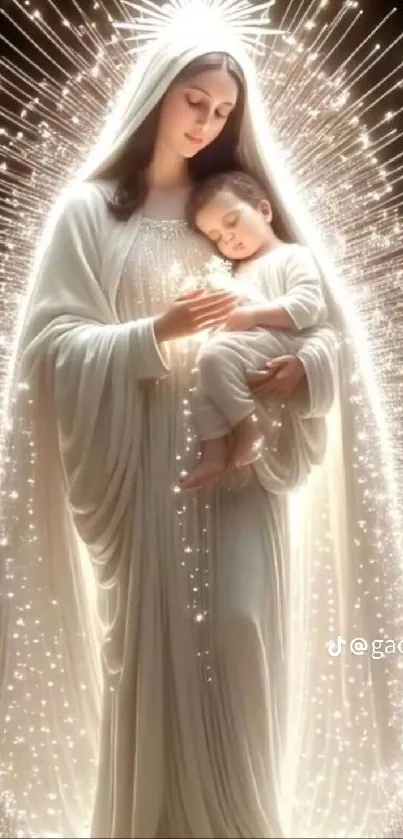 Radiant mother and child enveloped in divine light.