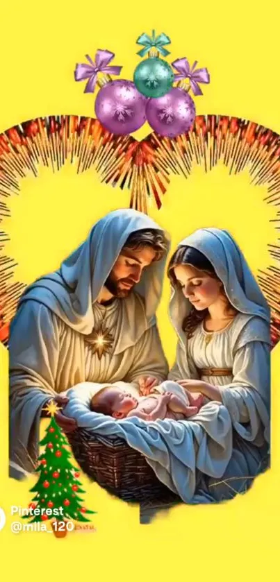 Vibrant Nativity scene with Holy Family in radiant colors against a yellow background.