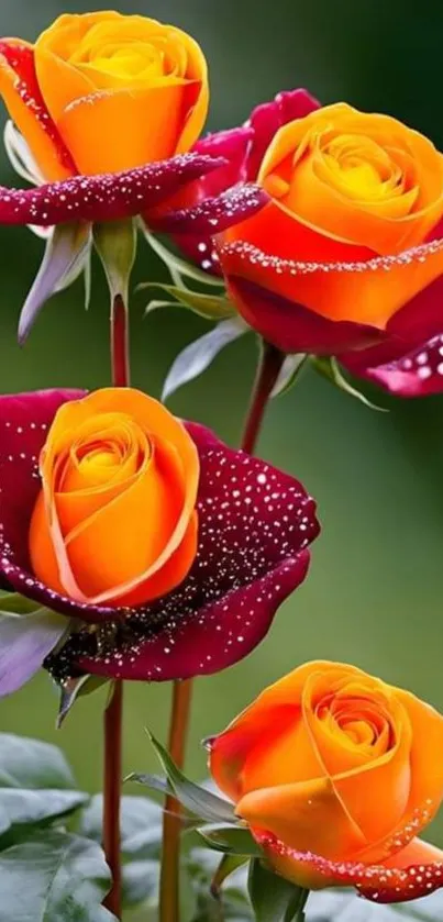 Orange and red roses with dew drops, creating a vibrant and elegant mobile wallpaper.