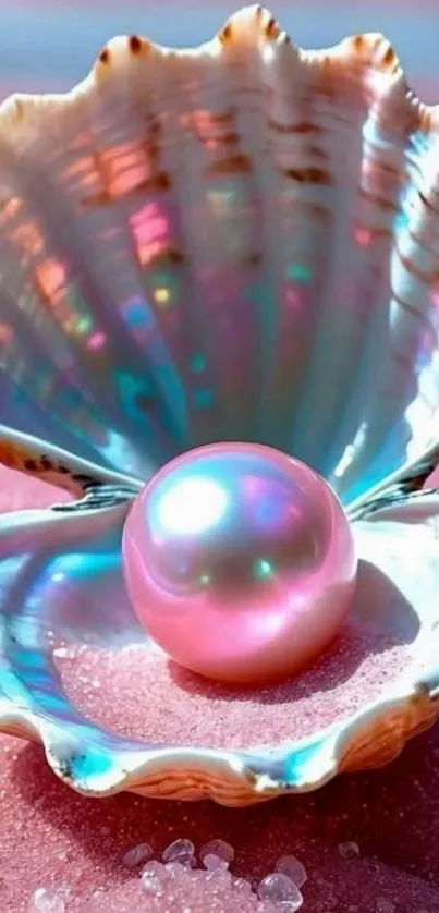 A radiant pearl nestled inside a luminous shell on pink sand.