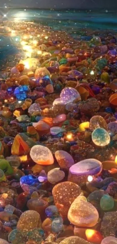 Enchanted pebble path glowing at night with vibrant colors.