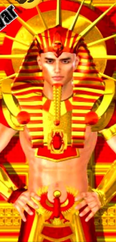 Radiant Egyptian pharaoh in gold and red hues on a mobile wallpaper.