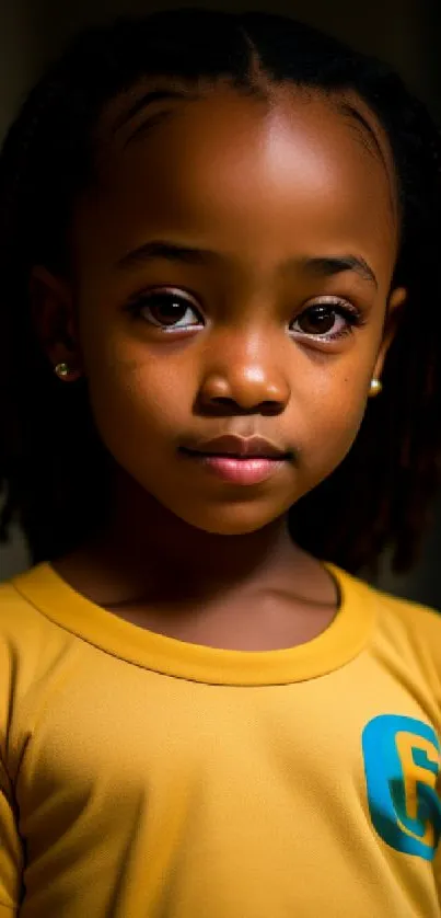 Mobile wallpaper of a young child wearing a yellow shirt with warm lighting.