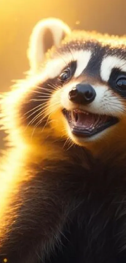 Joyful raccoon illuminated by warm morning sunlight.