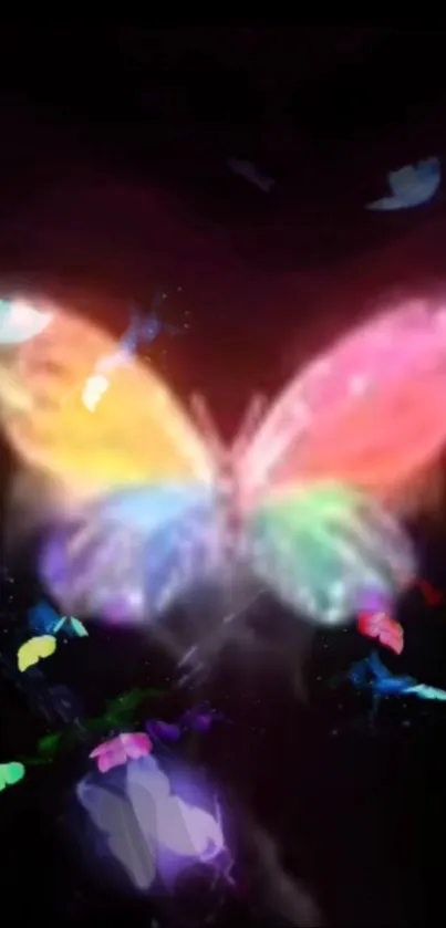 A glowing rainbow butterfly on a dark background, surrounded by vibrant colors.