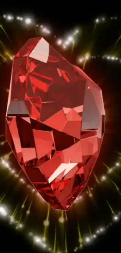 Radiant red crystal heart glowing on a dark background.