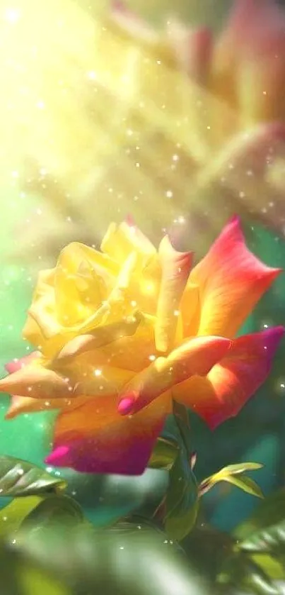 Vibrant rose with green leaves in sunlight and sparkles.