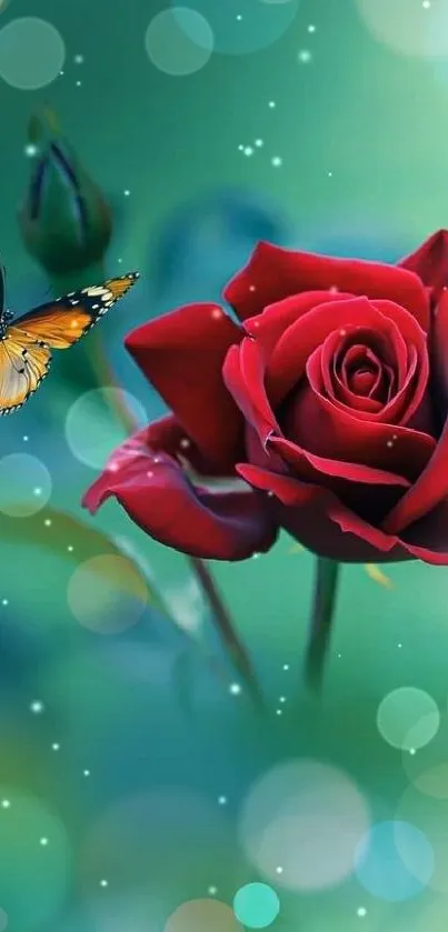 Red rose with butterfly on blurred green bokeh background.