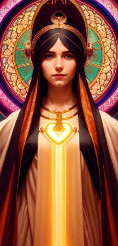 Saint in vibrant attire with radiant halo and colorful background.