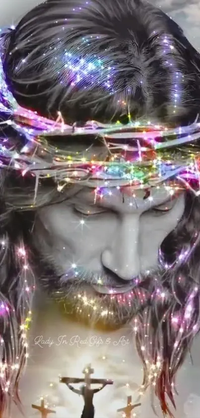 Artistic depiction of Jesus with a luminous crown of thorns, vibrant spiritual design.