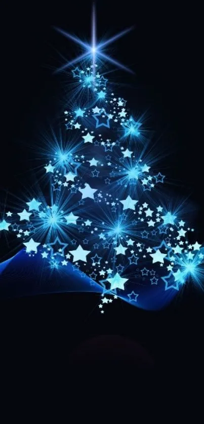 Blue starry Christmas tree on dark background wallpaper