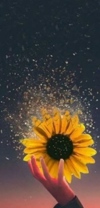 Hand holding a vibrant sunflower at night with a sparkling background.